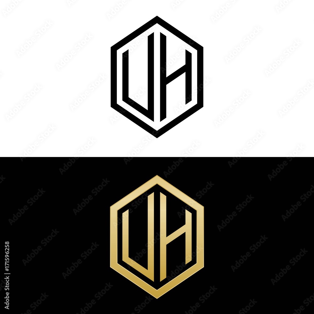 initial letters logo uh black and gold monogram hexagon shape vector initial letters logo uh black and gold monogram hexagon shape vector