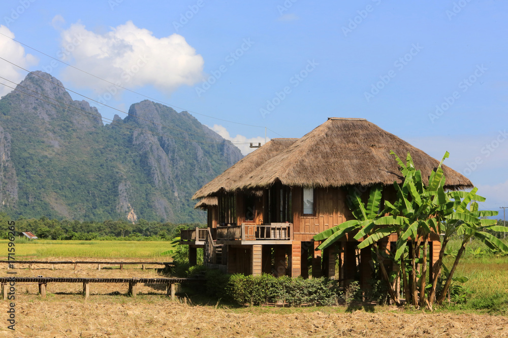Hôtel Laotien dans une rizière. Laotian hotel in a rice field. Hôtel Laotien dans une rizière. Laotian hotel in a rice field.