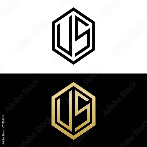 initial letters logo us black and gold monogram hexagon shape vector