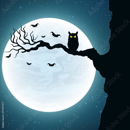 Background for Halloween. Black owl on the tree. Bats fly against the background of the full moon. Vector