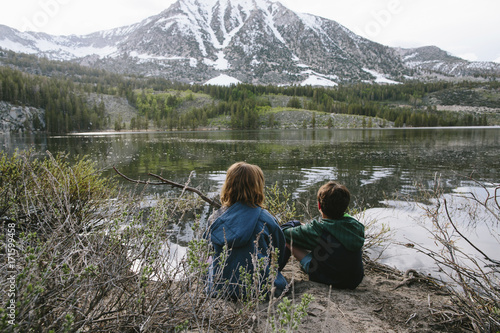 Rear view of siblings looking at view while sitting by lake at Inyo National Forest photo