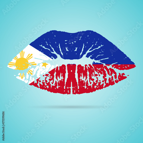 Philippines Flag Lipstick On The Lips Isolated On A White Background. Vector Illustration. Kiss Mark In Official Colors And Proportions. Independence Day