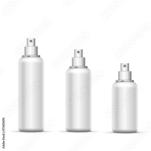 Empty white metal spray bottle with cap set. Vector template