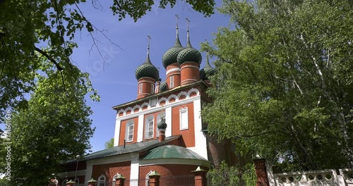 4K video footage view of beautiful old colourful church of Michael The Archangel in central Yaroslavl city in Yaroslavl Oblast area, 260 km north-east of Moscow, central Russia