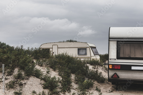 Caravan Camping Car Travels On The Beach. Resting Tourism Vacation Concept