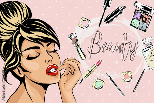 Beautiful pin-up style sexy woman with close eyes dreaming about beauty products for makeup. Beauty and fashion industry advertising banner vector