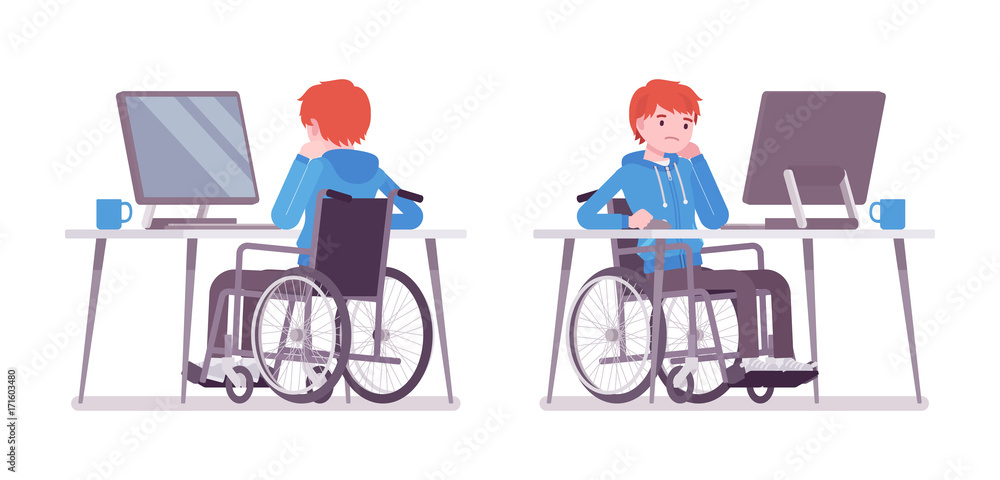 Male young wheelchair user working with computer Male young wheelchair user working with computer