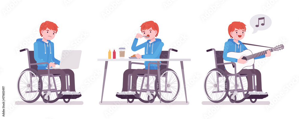 Male young wheelchair user with laptop, eating, singing Male young wheelchair user with laptop, eating, singing