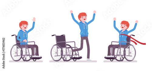 Male young wheelchair user in positive emotions