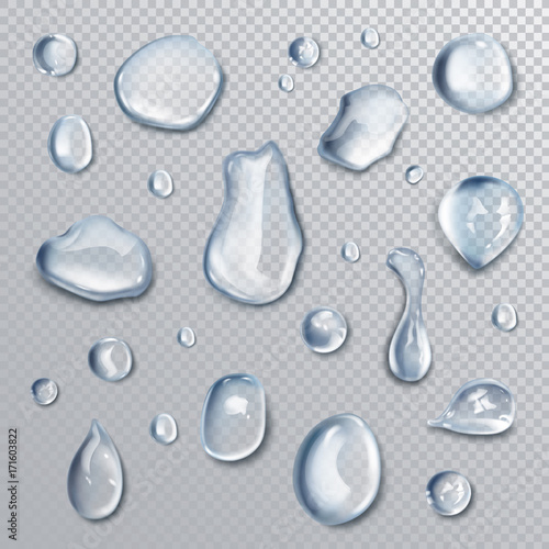 Realistic water drops set on dark background