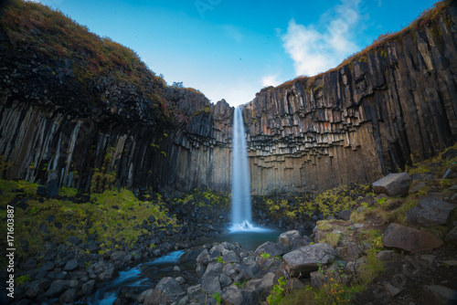 Svartifoss waterfall in Skaftafell national park in Iceland, Famous Svartifoss waterfall. Another named Black fall. Located in Skaftafell.