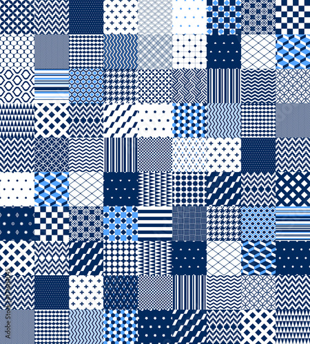 Blue and white patchwork quilted geometric seamless pattern, vector set