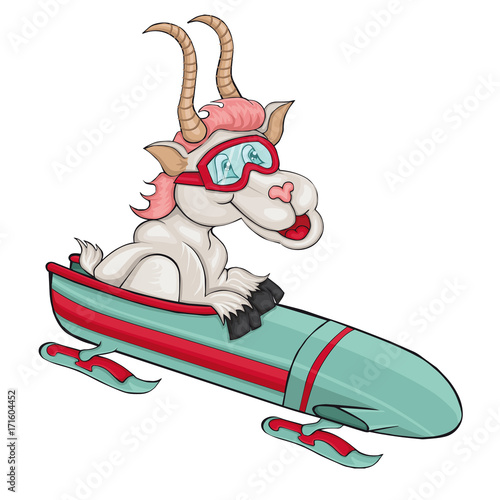 Goat with bobsleigh . Cartoon style. Clip art for children.