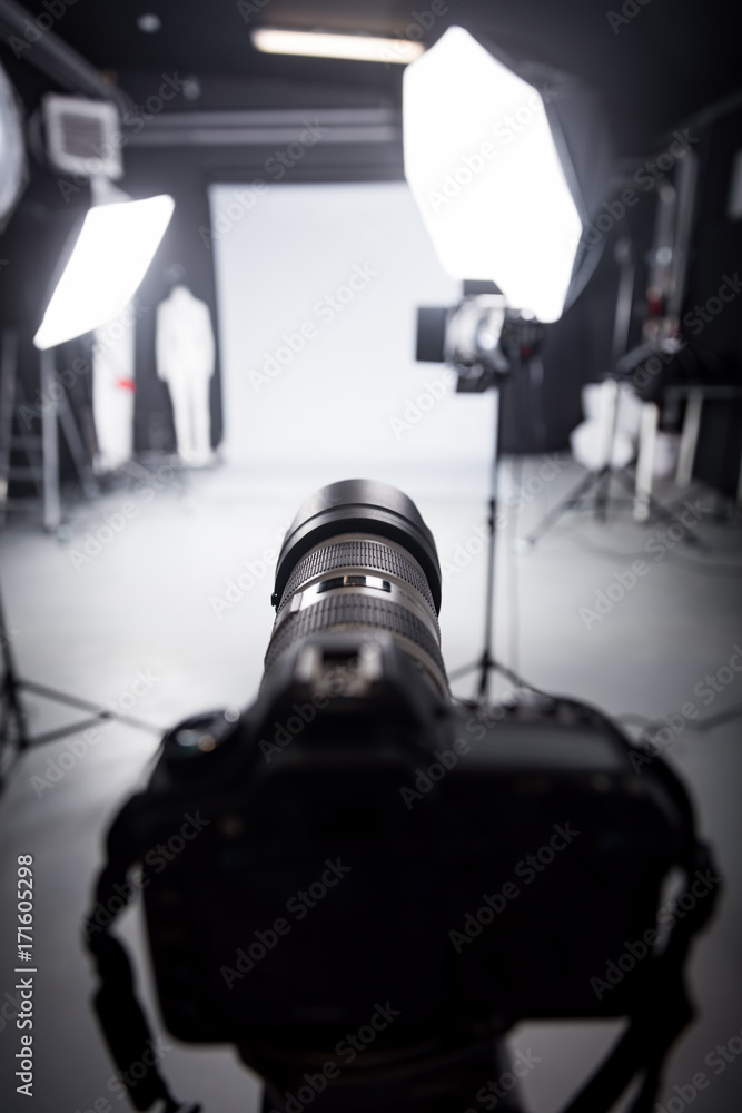 Professional camera set for a studio photo shoot. Professional camera set for a studio photo shoot.