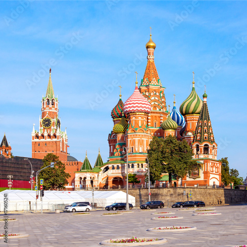 Saint Basil's Cathedral in Red Square and Kremlin tower in Mosco