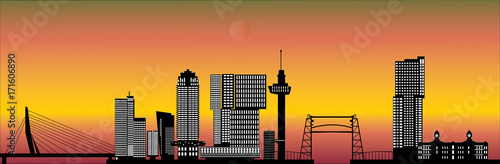 rotterdam skyline with hotel, landmarks erasmusbridge and modern architecture during sunset