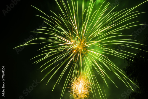 Celebration fireworks over night sky copy space. Celebration colorful fireworks. Beautiful fireworks. Holidays salute.  Independence Day. New Year. Green firework. Amazing fireworks, fireworks 2017