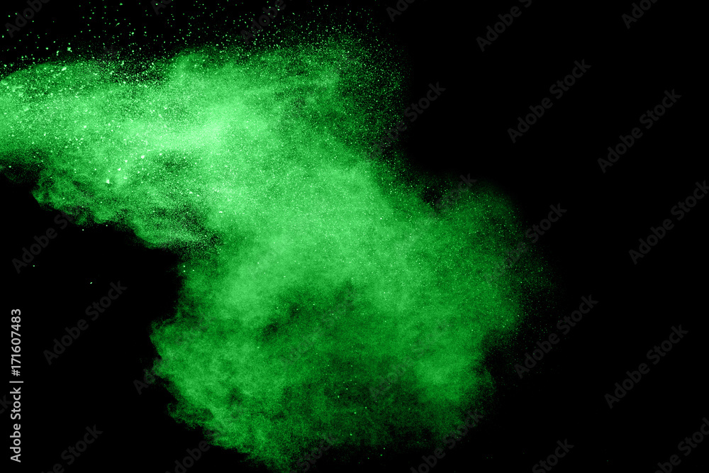 Green Color powder splash cloud isolated on black background