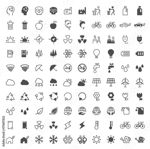 Set of 100 Ecology Minimal and Solid Icons on White Background . Vector Isolated Elements