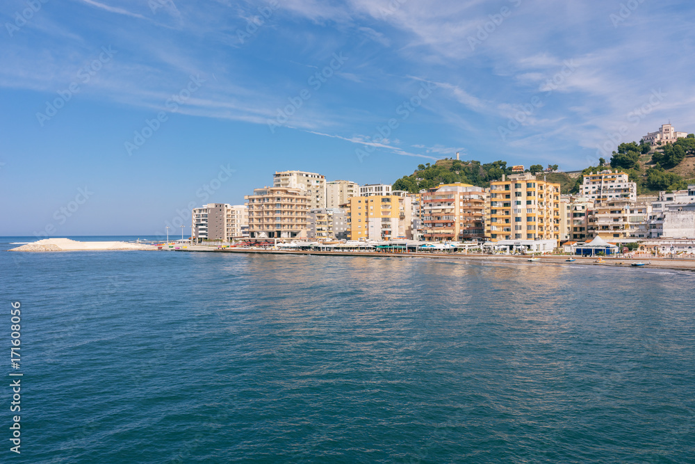 The city of Durres is located on the Adriatic coast. Residential complexes are located along the coastline. The city of Durres is located on the Adriatic coast. Residential complexes are located along the coastline.