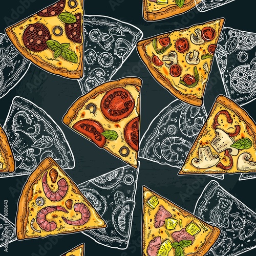 Seamless pattern slice pizza Pepperoni, Hawaiian, Margherita, Mexican, Seafood, Capricciosa.