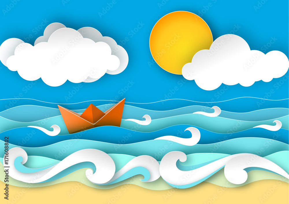 Origami sailing boat made from paper. Sea waves and tropical beach in paper art style. Travel concept vector illustration Origami sailing boat made from paper. Sea waves and tropical beach in paper art style. Travel concept vector illustration