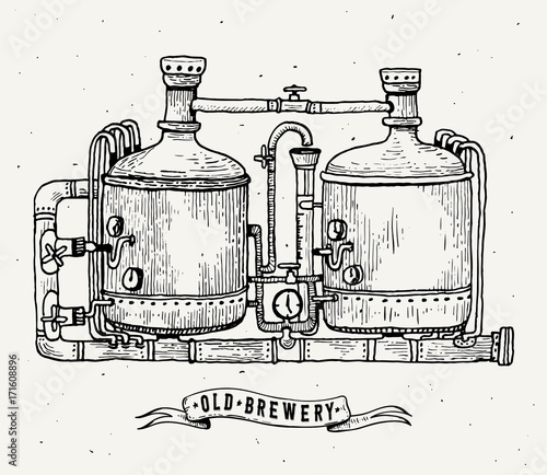 Retro brewery engraving. Copper tanks and barrels in brewery beer. Local brewery. Vintage vector engraving illustration for web, poster, label, invitation to oktoberfest festival, party.