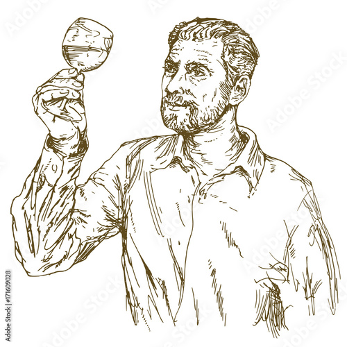 Winemaker tasting wine. Hand drawn illustration.