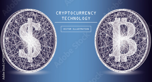 Bitcoin digital currency vector icons and symbols. Crypto currency token coins with bitcoin and dollar symbols