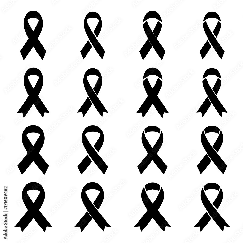 Black awareness ribbon on white background. Mourning sign icons set
