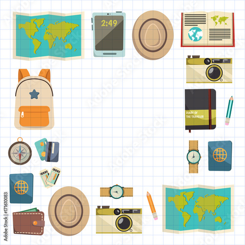 Flat vector web banners set on the theme of travel , vacation, adventure. Time for journey. Top view. Outfit of modern traveler. Vector objects isolated on background.