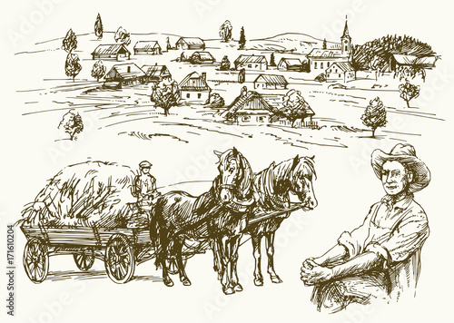 Farm, rural landscape, agriculture - hand drawn collection