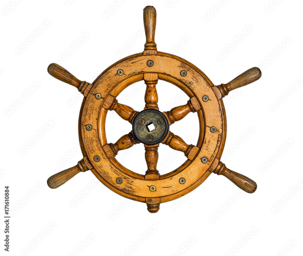 Old ship vintage, wooden steering wheel isolated on white background