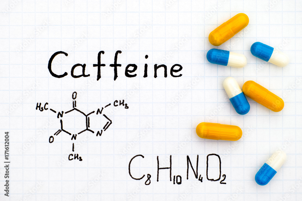 Chemical formula of Caffeine with some pills Chemical formula of Caffeine with some pills