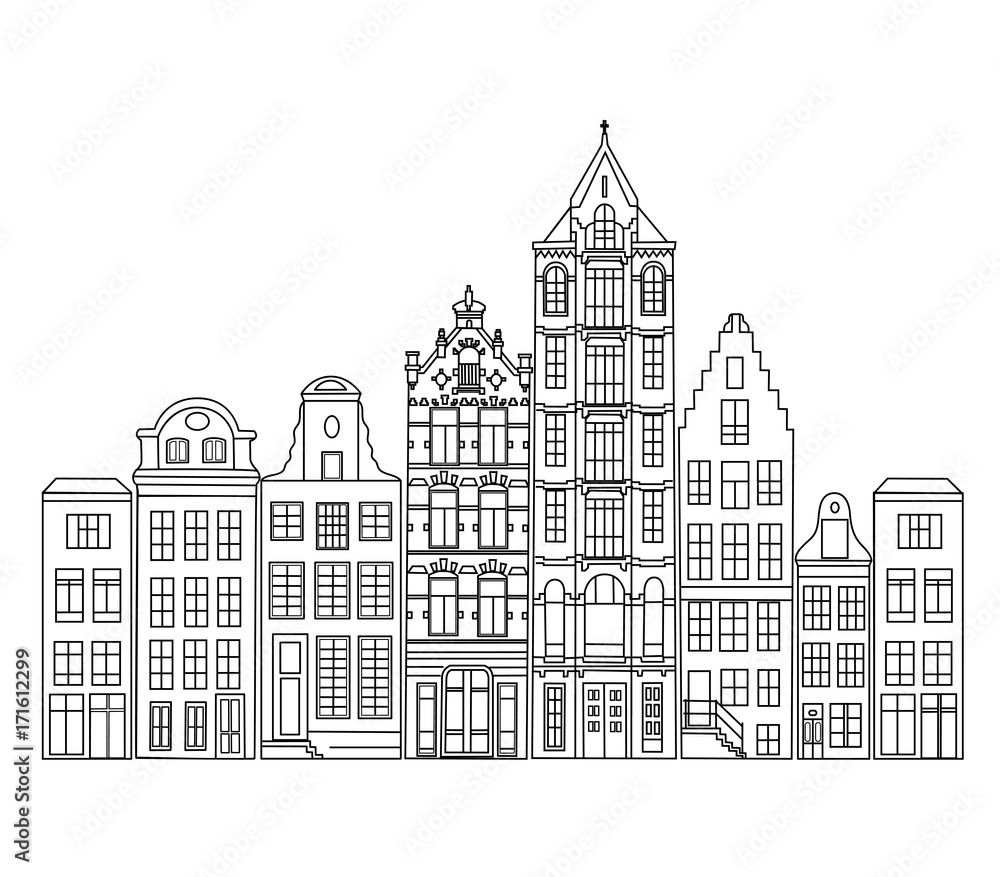Facades of old Amsterdam houses. Vector illustration.