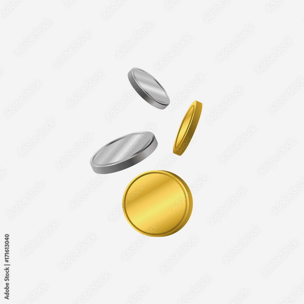 Gold and silver coins. Leaning down coin. Vector illustration. Gold and silver coins. Leaning down coin. Vector illustration.