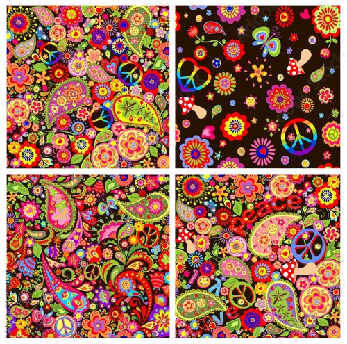 Collection hippie wallpapers with peace symbol, flower-power and mushrooms