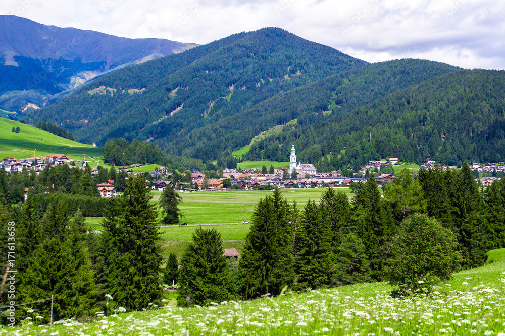 view of Dobbiaco, little town in the Puster Valley, Italy.