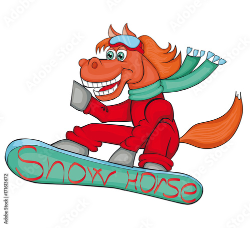 Horse is snowboarding.  Cartoon style. Isolated image on white background. Clip art for children.