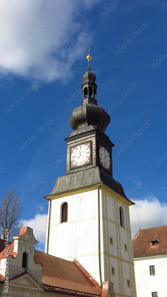 Castle bell tower clock tower in Zdar nad Sazavou, Czech Republic
