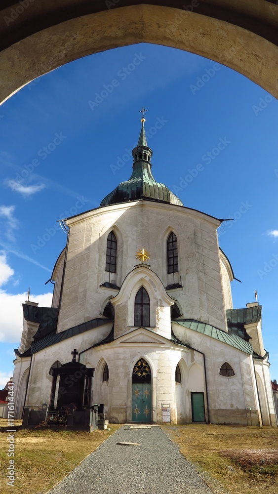 UNESCO Pilgrimage Church of St John of Nepomuk in Zdar nad Sazavou, Czech Republic through arch