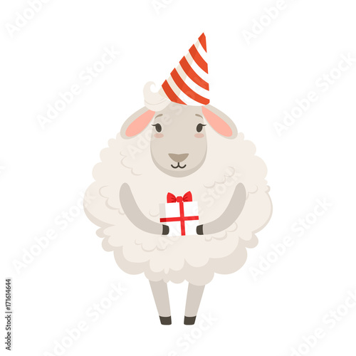 Cute white sheep character wearing party hat holding gift box, funny humanized animal vector Illustration