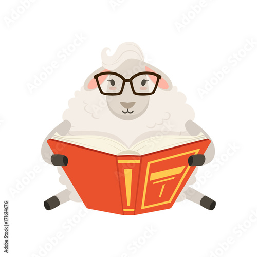 Cute white sheep character sitting and reading a book, funny humanized animal vector Illustration