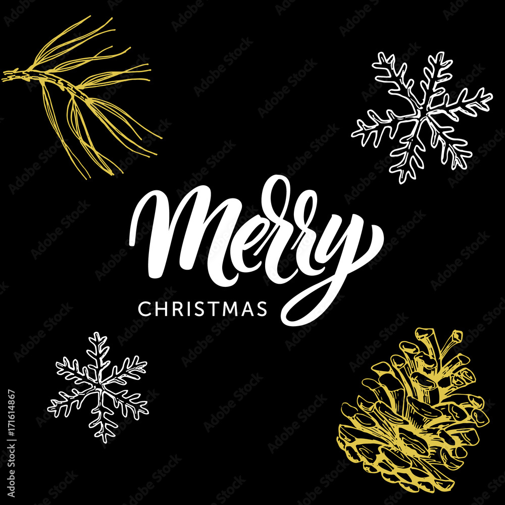 Obraz premium Merry Christmas calligraphy lettering and christmas doodle on black background.