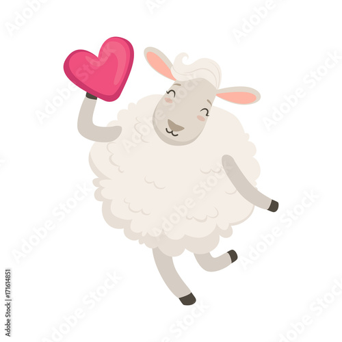 Cute white sheep character having fun with pink heart, funny humanized animal vector Illustration
