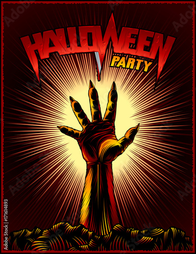 Halloween party poster from raised zombie hand on radiant background for evil spirits holiday. Title lettering Halloween. Vector illustration in ink hand drawing vintage retro style for stamp or print