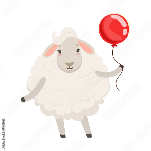 Cute white sheep character standing with red balloon, funny humanized animal vector Illustration
