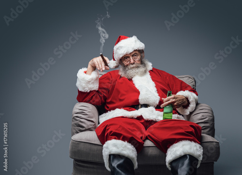 Bad Santa celebrating at home