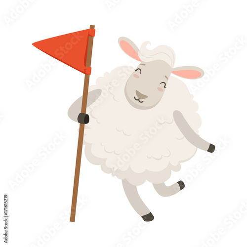 Cute white sheep character holding red flag, funny humanized animal vector Illustration