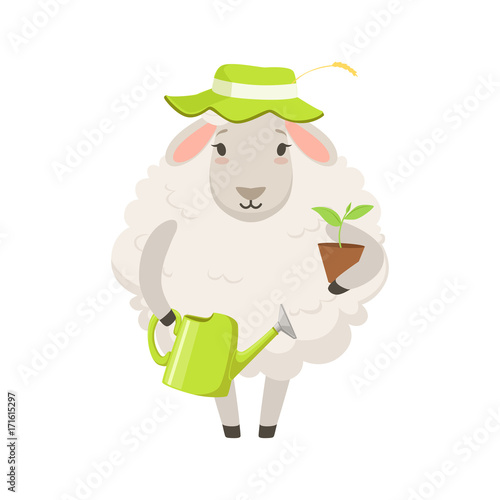 Cute white sheep character wearing green hat holding green watering can and flower pot, funny humanized animal vector Illustration